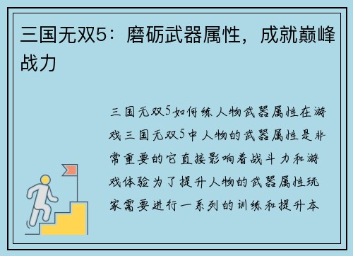 三国无双5：磨砺武器属性，成就巅峰战力